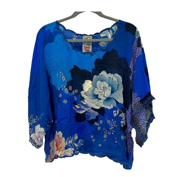 Johnny Was Boho Cropped Top & Tura Wrapped Pant Set Blue Floral NWT Size L - Picture 3 of 16